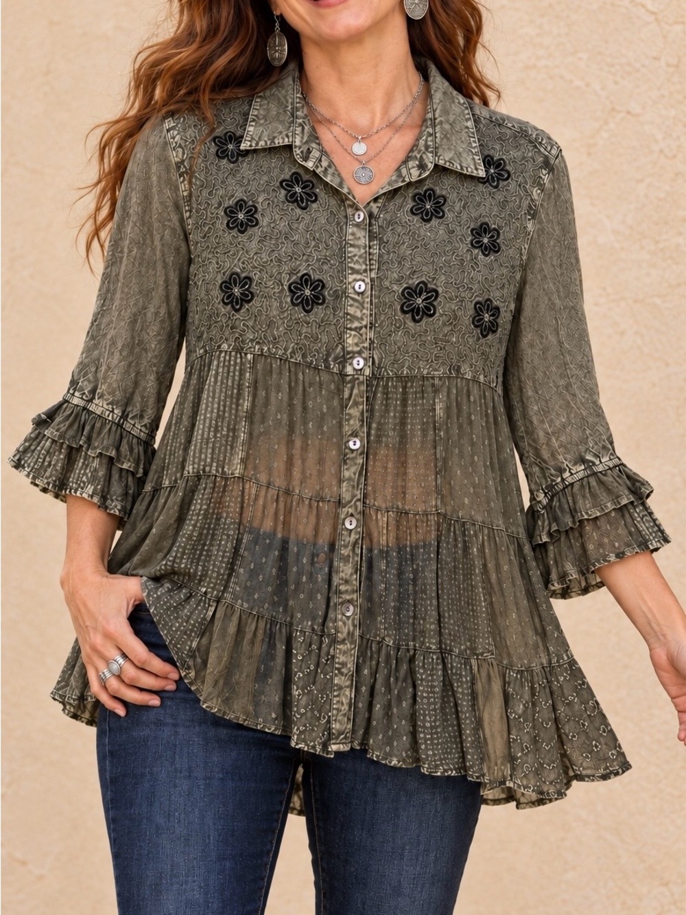 Young Threads Mineral Wash Embroidered Sheer Tiered Boho Tunic Top